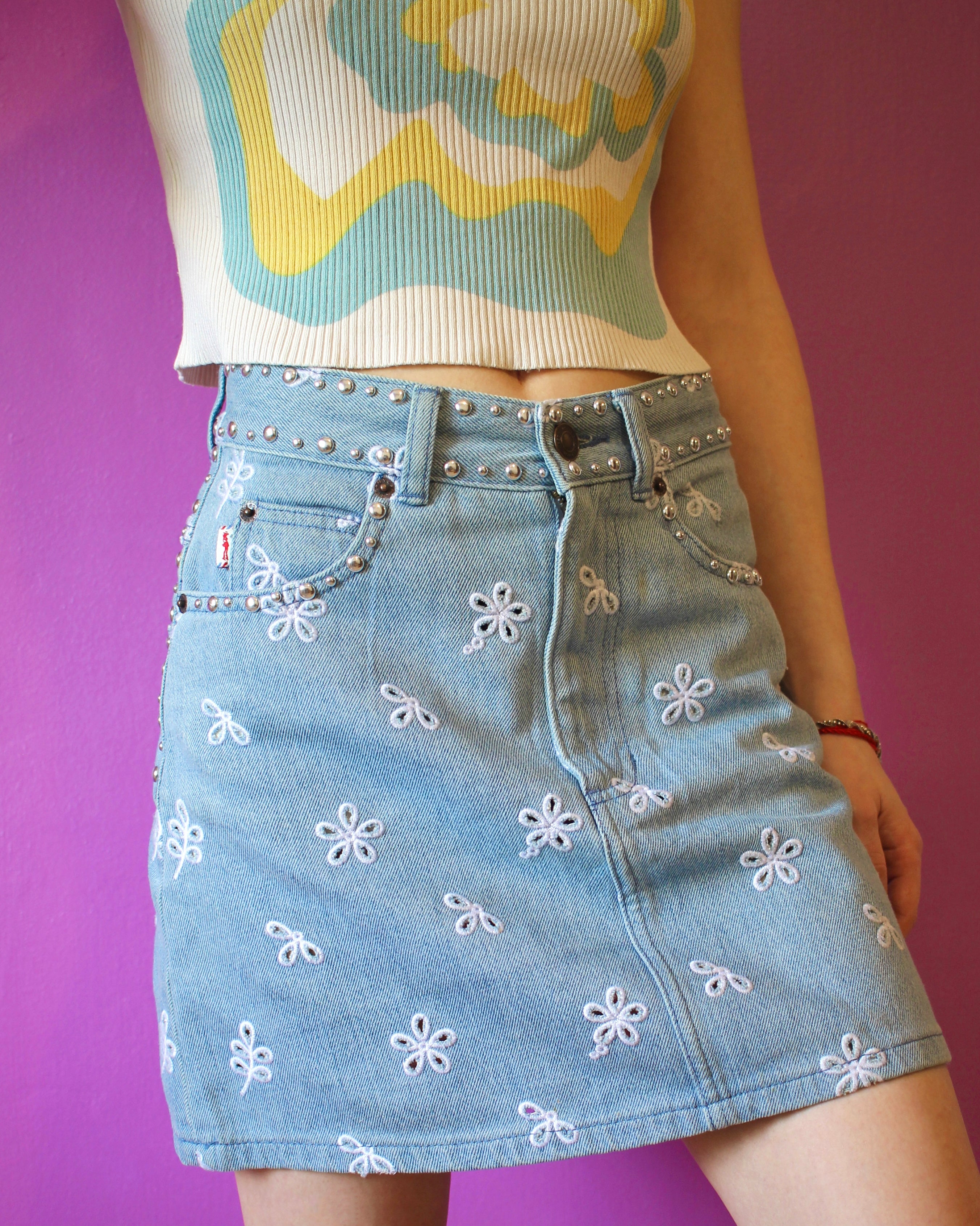 Marc Jacobs Studded Embroidered Denim Mini Skirt