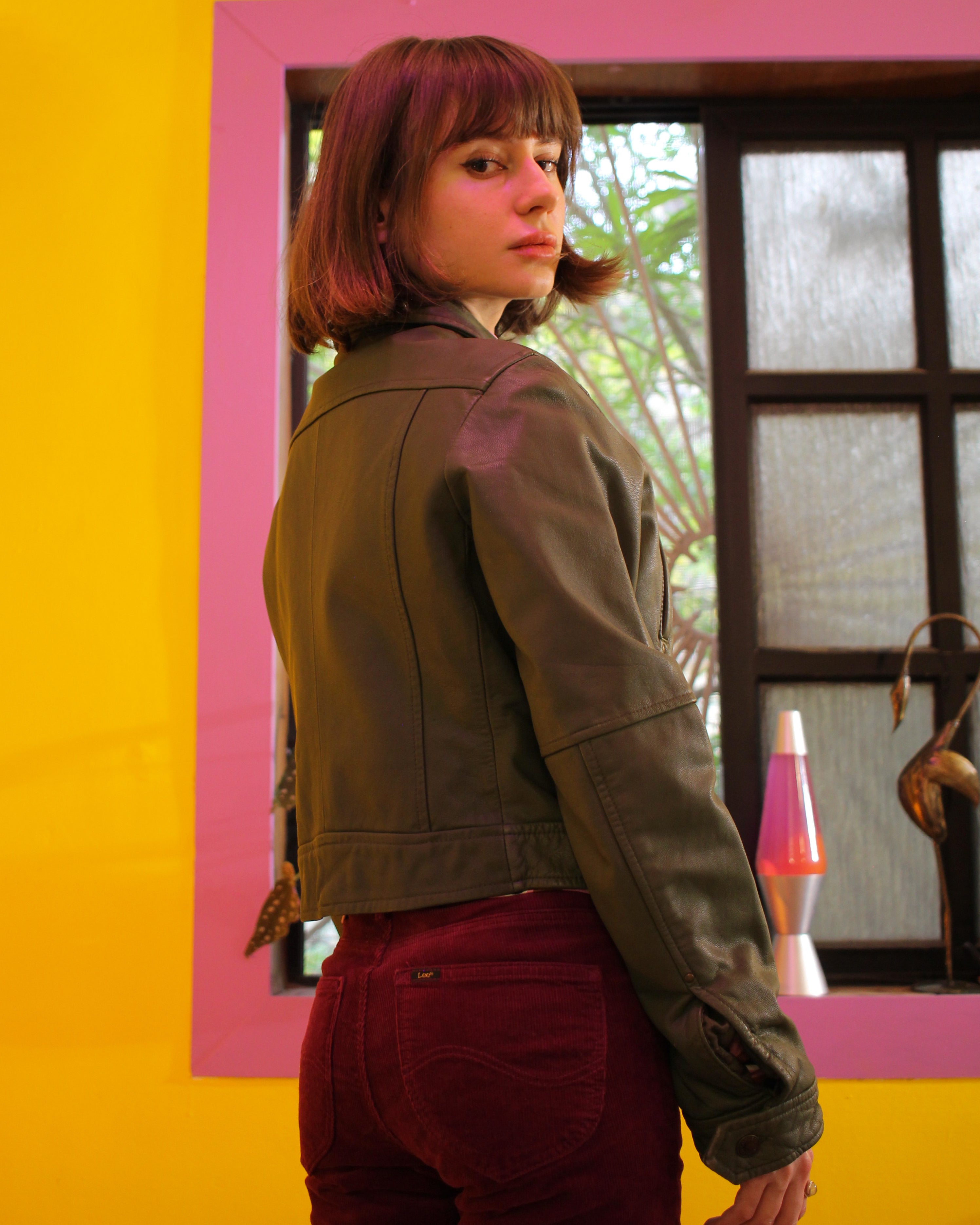 Vintage Olive Leather Biker Jacket