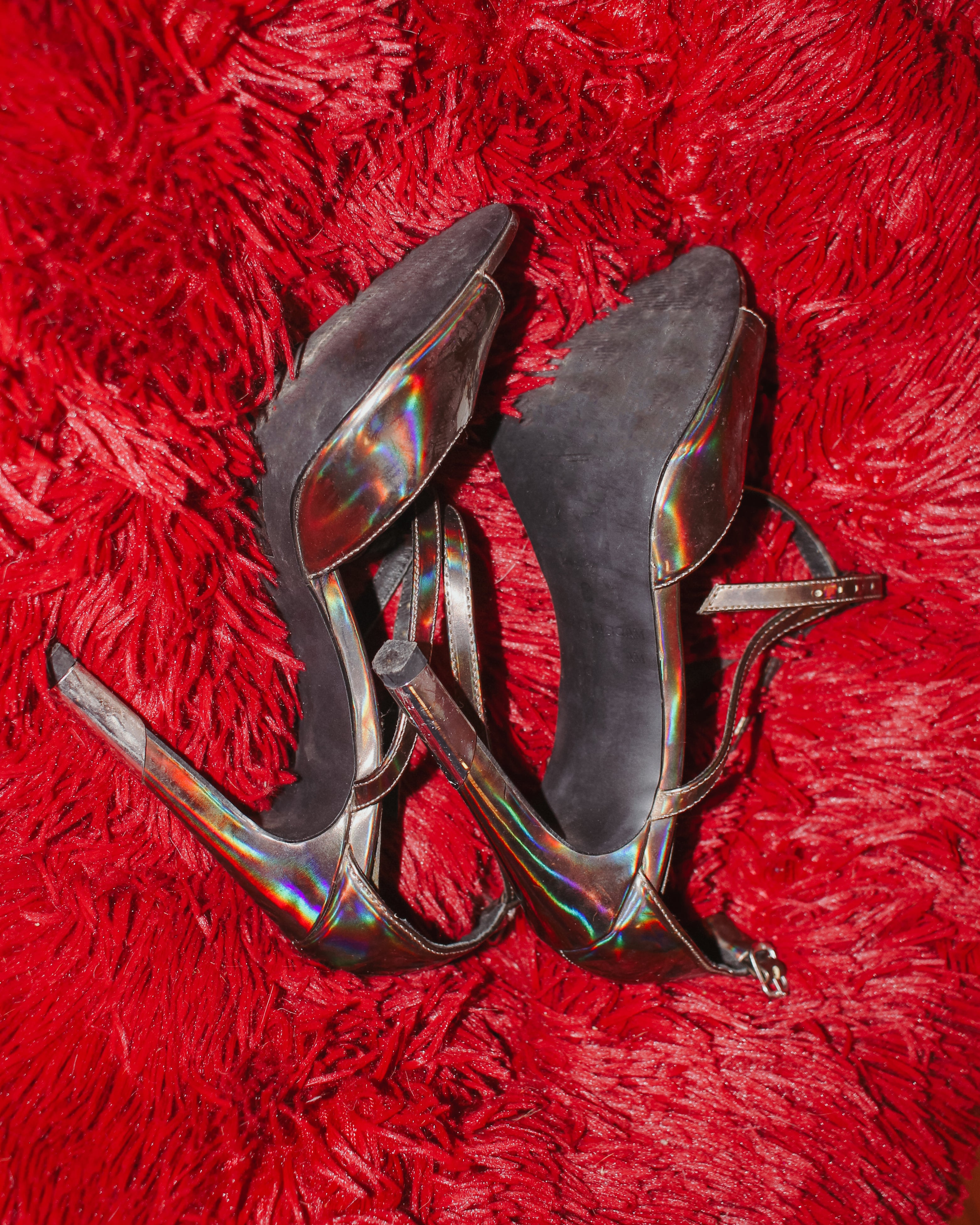 Holographic Ankle Strap Heels