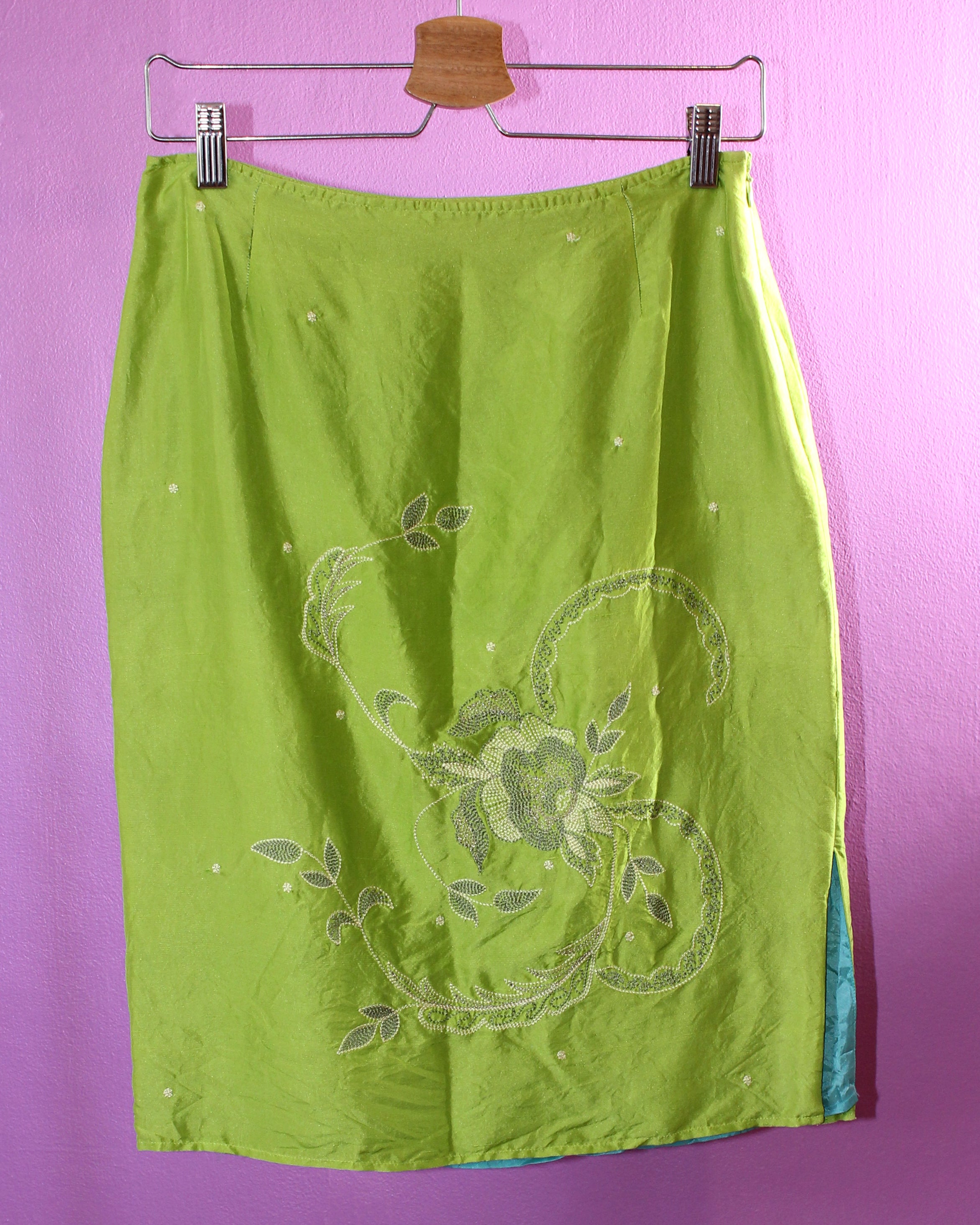 Silk Embroidered Lime Green Midi Skirt