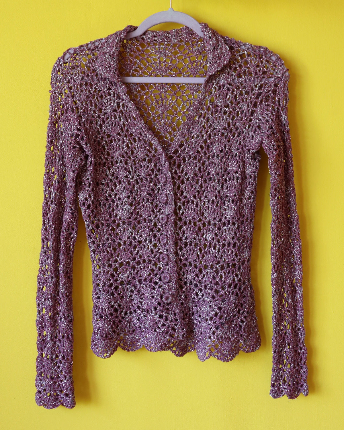 Vintage Mauve Metallic Crochet Cardigan